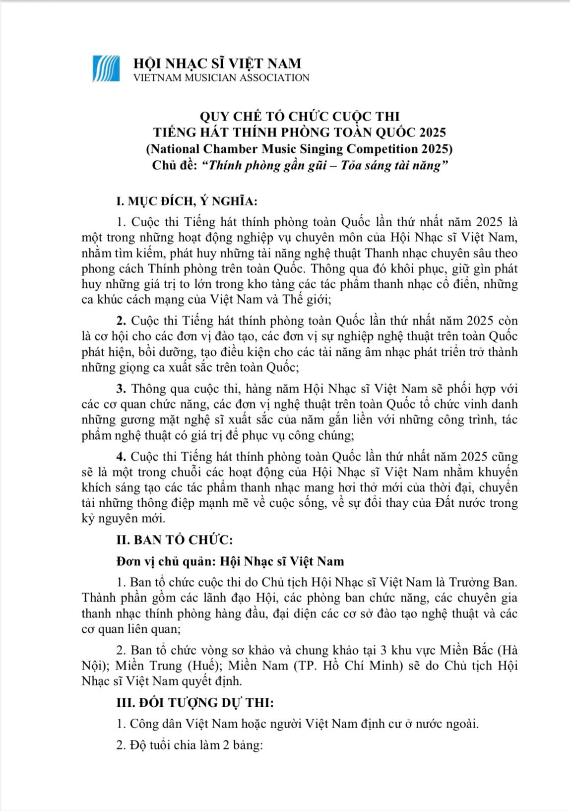QUY CHẾ TỔ CHỨC CUỘC THI TIẾNG HÁT THÍNH PHÒNG TOÀN QUỐC 2025