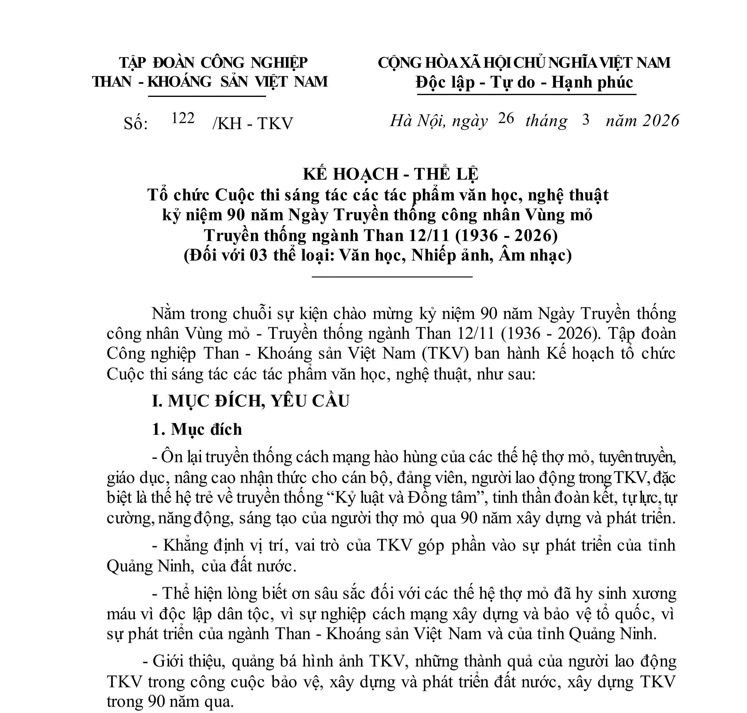 Tổ chức Cuộc thi sáng tác các tác phẩm văn học, nghệ thuật kỷ niệm 90 năm Ngày Truyền thống công nhân Vùng mỏ Truyền thống ngành Than 12/11 (1936 - 2026)