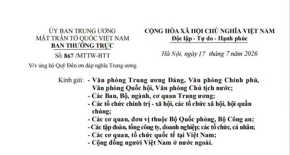 Ủng hộ Quỹ Đền ơn đáp nghĩa Trung ương