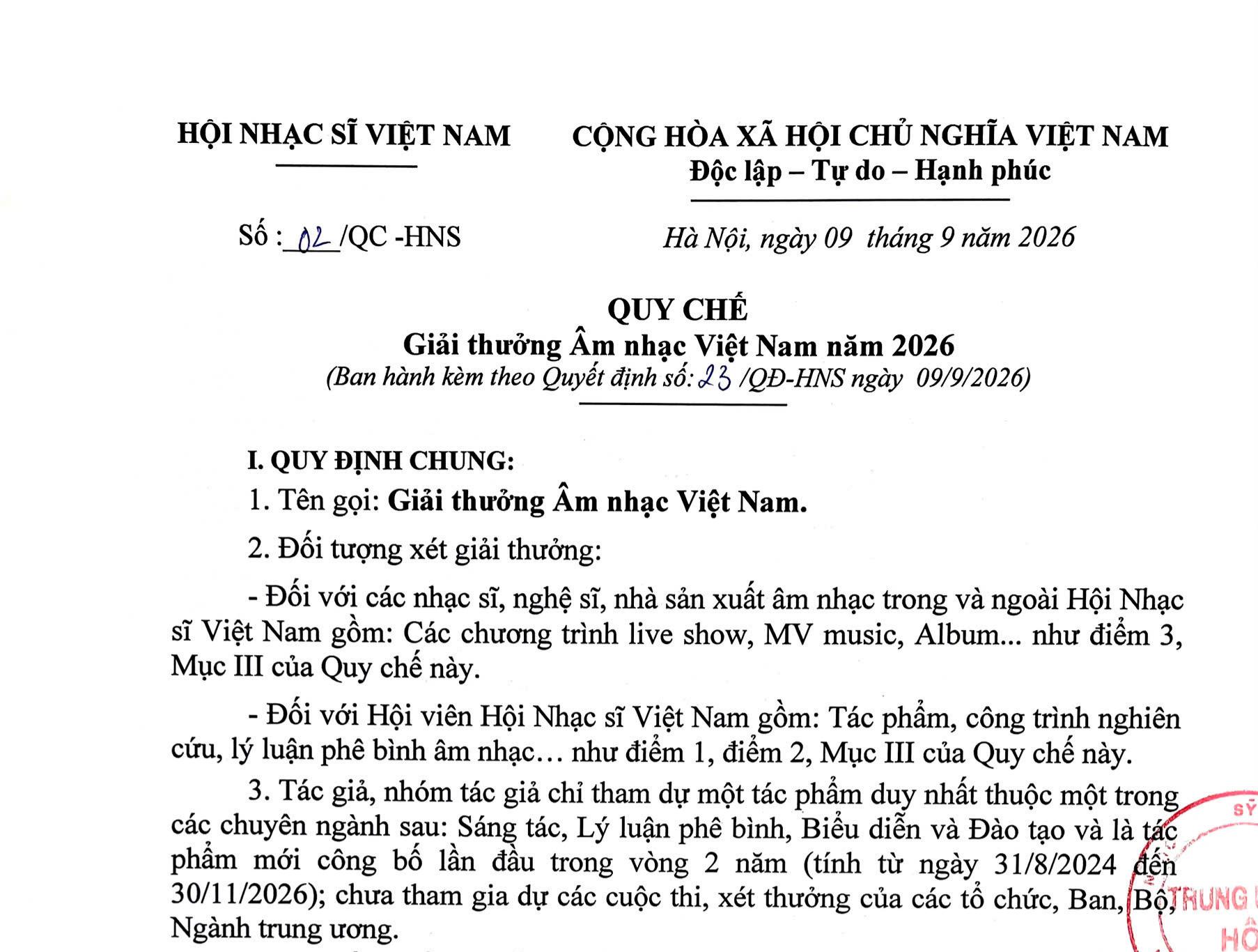 Quy chế Giải thưởng Âm nhạc Việt Nam năm 2026