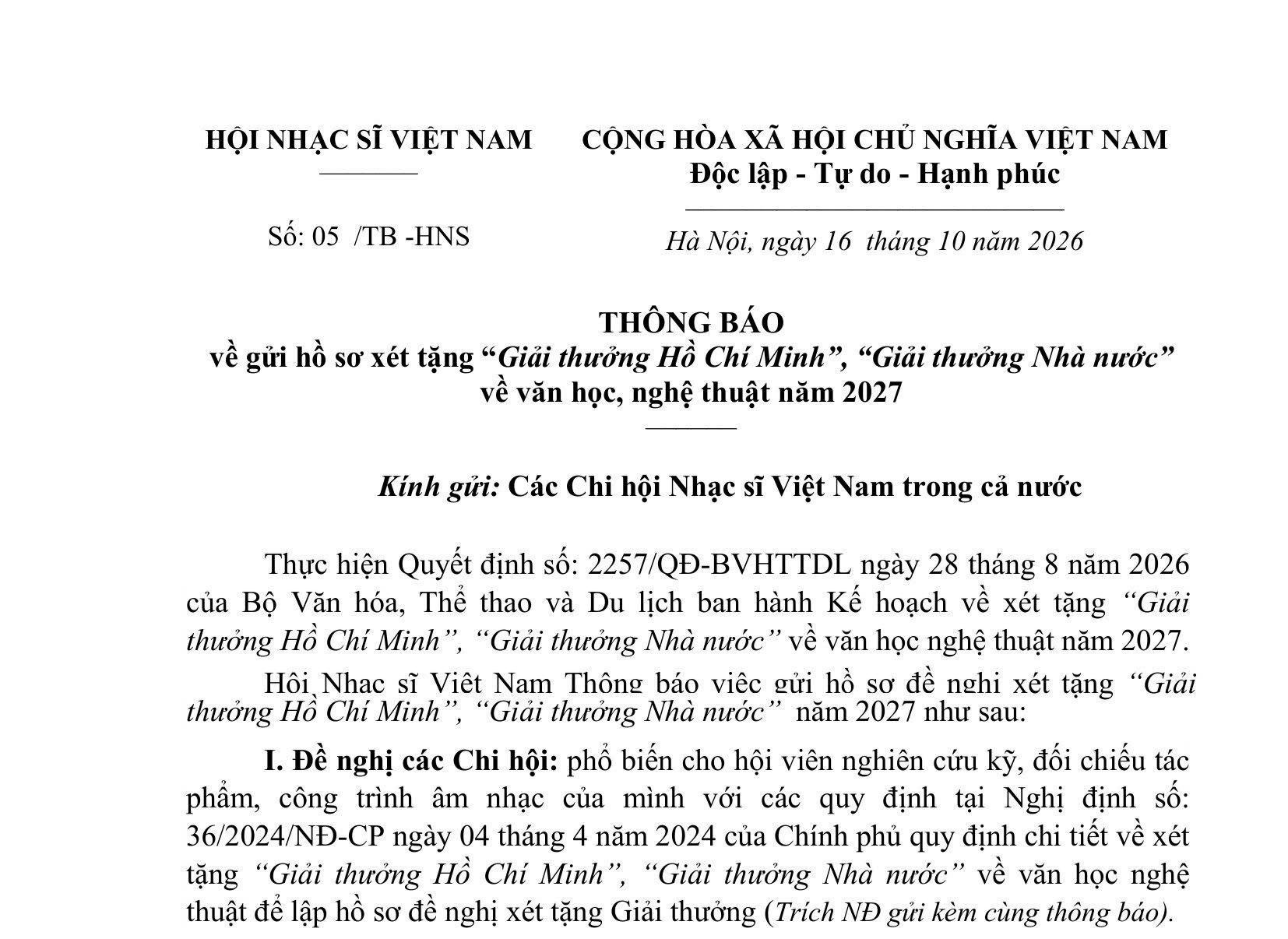 THÔNG BÁO  về gửi hồ sơ xét tặng “Giải thưởng Hồ Chí Minh”, “Giải thưởng Nhà nước”  về văn học, nghệ thuật năm 2027