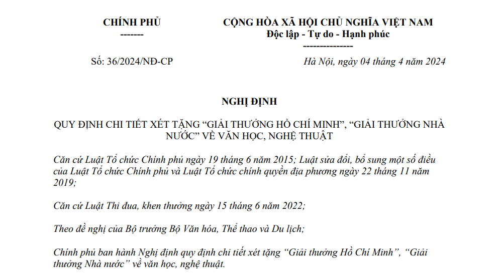 QUY ĐỊNH CHI TIẾT XÉT TẶNG “GIẢI THƯỞNG HỒ CHÍ MINH”, “GIẢI THƯỞNG NHÀ NƯỚC” VỀ VĂN HỌC, NGHỆ THUẬT