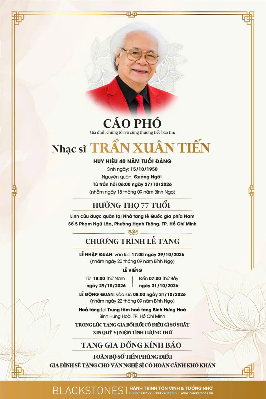 THÔNG BÁO TIN BUỒN: Nhạc sĩ Trần Xuân Tiến từ trần